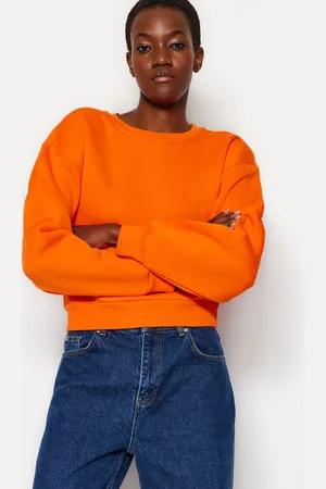 Trendyol Orange Relaxed Cut Crop Basic Crew Neck Thick Fleece Inside Knitted Sweatshirt