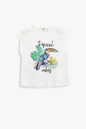 Koton Parrot Stamp Sequin Embroidered T-Shirt Window Detail Sleeveless