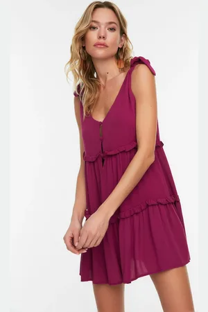 Trendyol Fuchsia Mini Weave and Ruffled Beach Dress