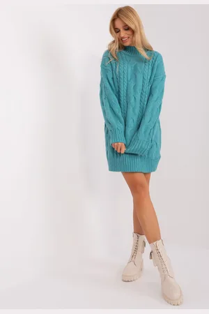 Wool Fashion Italia Tyrkysové úpletové šaty s rolákem