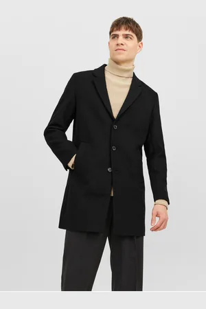 JACK & JONES Černý pánský kabát s příměsí vlny Morrison - Pánské