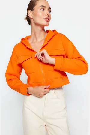 Trendyol Orange Comfortable Cut Crop Pocket Detailed Hooded Thick Inside Fleece Knitted Sweatshirt