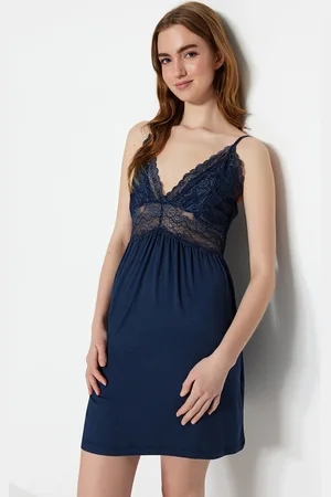 Trendyol Navy Blue Lace Rope Strap Knitted Nightgown