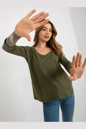 Ex moda Základní khaki bavlněná halenka s výstřihem