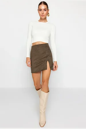 Trendyol Khaki Slit Suede Mini Knitted Skirt