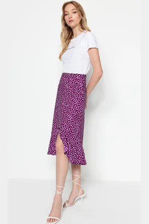 Trendyol Purple Printed High Waist Midi Stretchy Knitted Skirt with Gather Detail and Flounce