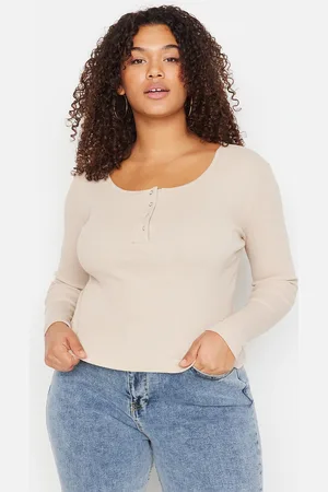Trendyol Curve Beige Pool Collar Snap Detailed Knitted Crop Plus Size Blouse