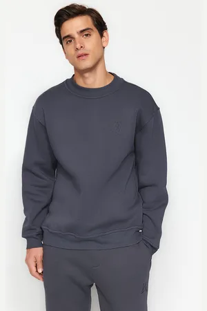 Trendyol Anthracite Oversize/Wide Cut Half Turtleneck Letter Embroidered Sweatshirt with Polar Fleece Inside