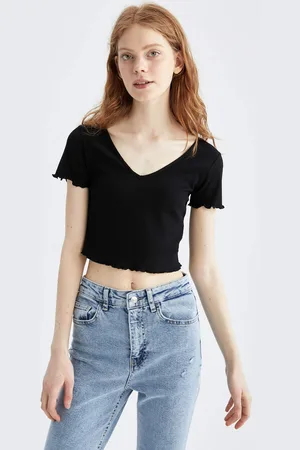 DeFacto Fitted V Neck Short Sleeve Crop Top