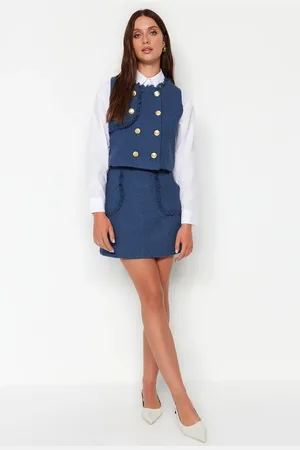Trendyol Indigo Tassel Detailní tvídová tkanina Mini tkaná sukně