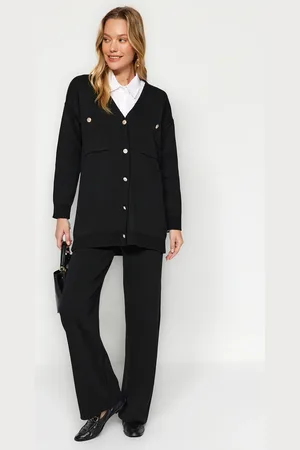 Trendyol Black Buttoned Cardigan-Pants Knitwear Two Piece Set