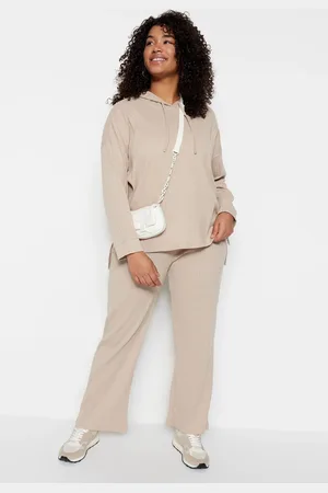 Trendyol Curve Light Beige Hooded Collar Relaxed Fit Knitted Camisole Plus Size Top-Bottom Set