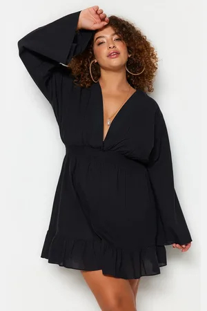 Trendyol Curve Black Double Breasted Collar Skirt Ruffled Woven Beach Dress