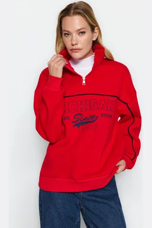 Trendyol Mikina s potiskem, zipem, oversized střih, silná fleecová podšívka, pletená.