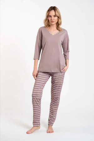 Italian Fashion Dámské pyžamo Betty, 3/4 rukáv, dlouhé kalhoty - potisk cappuccino/cappuccino