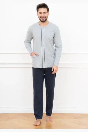 Italian Fashion Pánské pyžamo Alcest, dlouhý rukáv, dlouhé kalhoty - melanž/námořnická modř