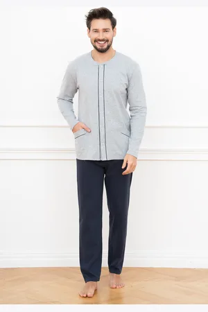 Italian Fashion Pánské pyžamo Alcest, dlouhý rukáv, dlouhé kalhoty - melanž/námořnická modř