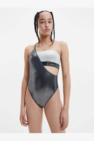 Calvin Klein Bílo-černé dámské metalické jednodílné plavky s průstřihem Calvin Kl - Dámské