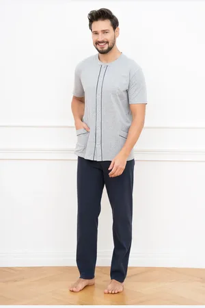 Italian Fashion Pánské pyžamo Alcest, krátký rukáv, dlouhé kalhoty - melanž/námořnická modř
