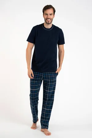 Italian Fashion Pánské pyžamo Ruben, krátký rukáv, dlouhé kalhoty - tmavě modrá/potisk