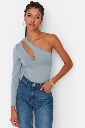 Trendyol Gray Asymmetrical Collar With Cutout Detail Single Sleeve Flexible Knitted Snap Button Body