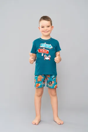 Italian Fashion Chlapecké pyžamo Crab, krátký rukáv, krátké kalhoty - modrozelená/potisk