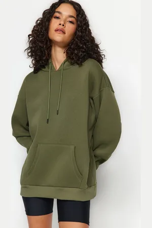 Trendyol Khaki Thick, Fleece Inside Oversize/Wide Fit With a Hooded Basic Knitted Sweatshirt