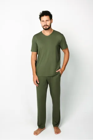Italian Fashion Pánské pyžamo Dallas, krátký rukáv, dlouhé kalhoty - khaki