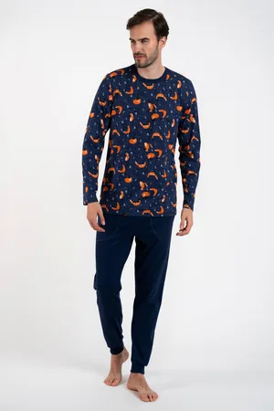 Italian Fashion Pánské pyžamo Witalis, dlouhý rukáv, dlouhé nohavice - potisk/námořnická modř