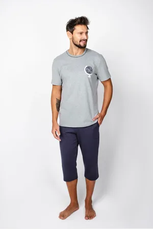 Italian Fashion Pánské pyžamo Abril, krátký rukáv, 3/4 kalhoty - melanž/námořnická modř