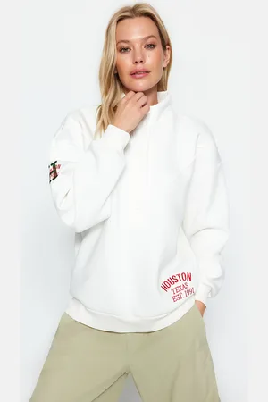Trendyol Ecru Thick Inner Fleece Embroidery and Button Detail High Neck Oversize Knitted Sweatshirt