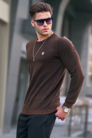 MADMEXT Dark Brown Crew Neck Regular Fit Basic Sweatshirt 5799