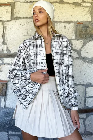 Trend Alacati stili Dámské Ecru vzorované Zip Elastický pas Sezónní Bomber Jacket