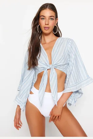 Trendyol Striped Crop Woven Tie-Up Blouse