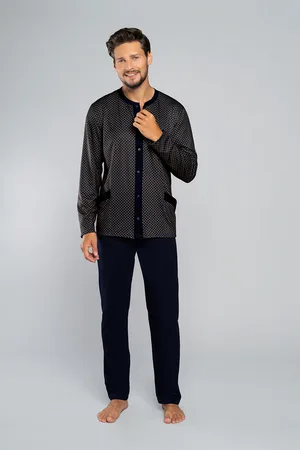Italian Fashion Pánské pyžamo Joachim dlouhé rukávy, dlouhé kalhoty - rozetový potisk/námořnická modrá
