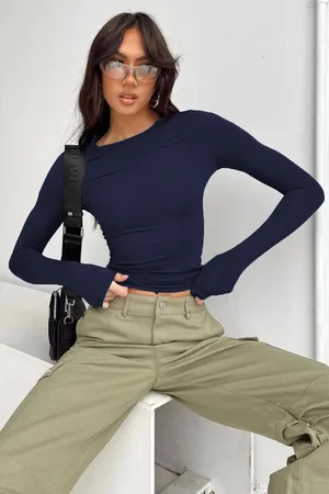 MADMEXT Navy Blue Crew Neck Basic Long Sleeve Body