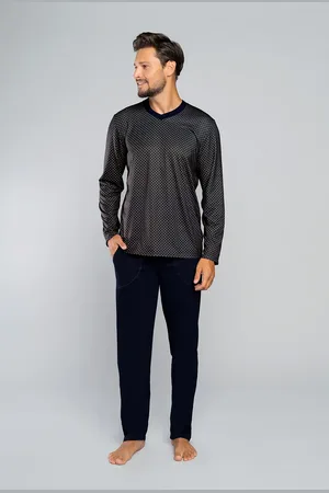Italian Fashion Normanské pánské pyžamo dlouhé rukávy, dlouhé kalhoty - potisk rozety/námořnická modrá