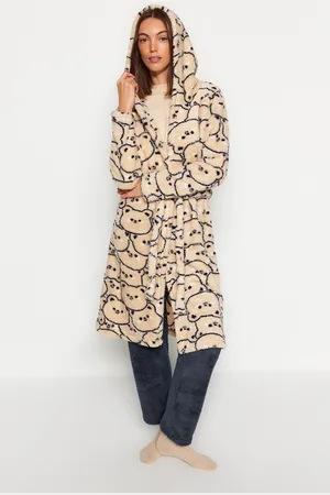 Trendyol Cream Wellsoft Teddy Bear Hooded Winter Knit Dressing gown