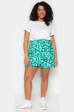 Trendyol Curve Green Floral Pattern Woven Tie Short Skirt