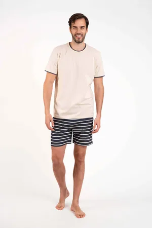 Italian Fashion Pánské pyžamo Lars, krátký rukáv, krátké nohavice - béžový/grafitový potisk