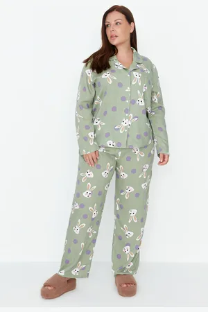 Trendyol Curve Mint Rabbit Printed Woven Pajamas Set