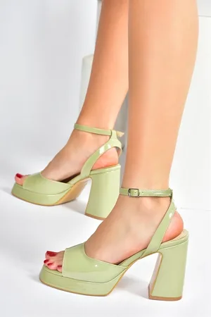 Fox Green Patent Leather Thick Platform Heels Women