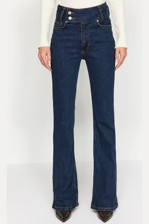 Trendyol Tmavě modrý pas Detail Vysoký pas Flare Jeans