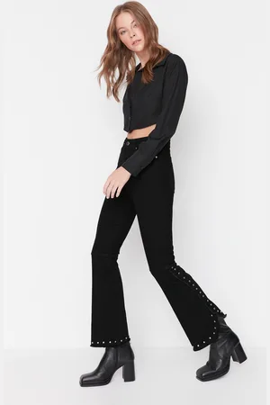 Trendyol Black Trock Detail High Waist Crop Flare Jeans