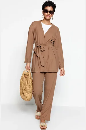 Trendyol Beige Belted Oversize Ribbed Knit Tunic-Pants Set