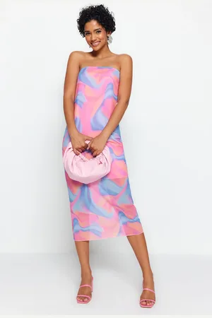 Trendyol Multicolored Printed Tulle Lined Shift/Straight Strapless Midi Flexible Knitted Pencil Dress