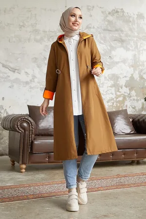 Instyle Trenčkot s kapucí a neonovým stahováním v pase - tan/oranžová