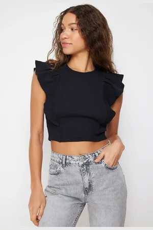 Trendyol Black Frilly Sleeves Ribbed Stretchy Crew Neck Crop Knitted Blouse