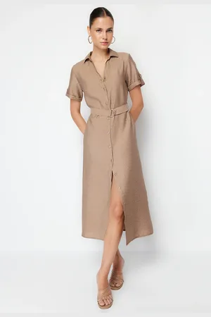 Trendyol Mink Belted Midi Woven Shirt Dress