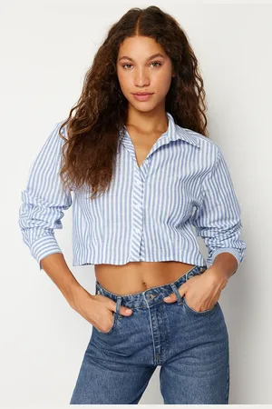 Trendyol Blue Striped Low Sleeve Crop Regular Fit Woven Shirt